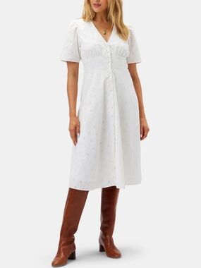 Amour Vert Violette Eyelet White Organic Cotton Dress Midi Large Short Sleeve